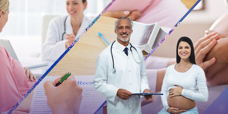 Collage con médico, documentos legales y mujer embarazada en consulta de gestación subrogada.