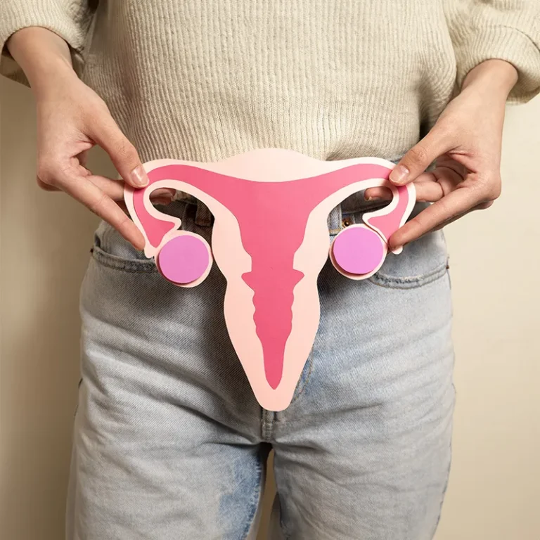 Donna che tiene una rappresentazione anatomica in carta dell'utero e dell'apparato riproduttivo femminile.