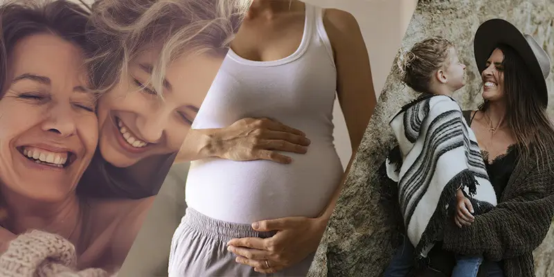 Collage di diverse tipologie di famiglie e gestazione nella maternità surrogata.