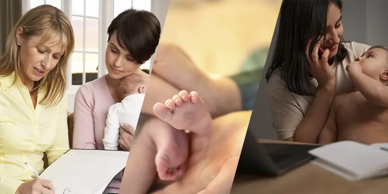 Collage sulla filiazione nella gestazione per altri: assistenza legale, nascita e vita familiare.