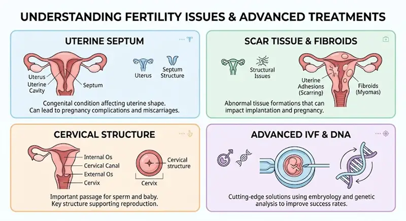Educational infographic displaying congenital and acquired uterine causes of recurrent miscarriage