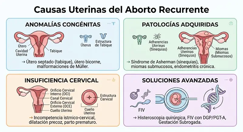 Infografía explicativa sobre las causas uterinas del aborto espontáneo recurrente y soluciones de reproducción asistida