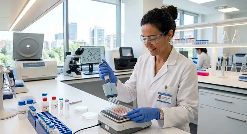 Tratamiento de Fecundación In Vitro y análisis de embriones en laboratorio de fertilidad asistida.