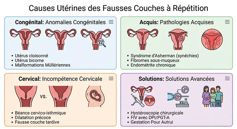 Infographie explicative des causes utérines de fausse couche spontanée récurrente et traitements