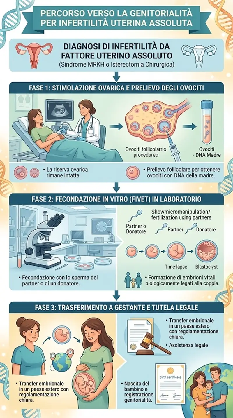 Infografica assenza di utero e percorsi di maternità Infografica sulle cause di assenza di utero e il percorso verso la maternità surrogata.