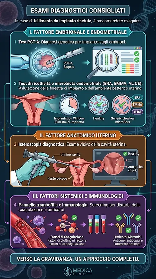 Infografica esami per fallimento impianto FIVET Infografica sugli esami diagnostici consigliati per fallimento da impianto FIVET ripetuto.