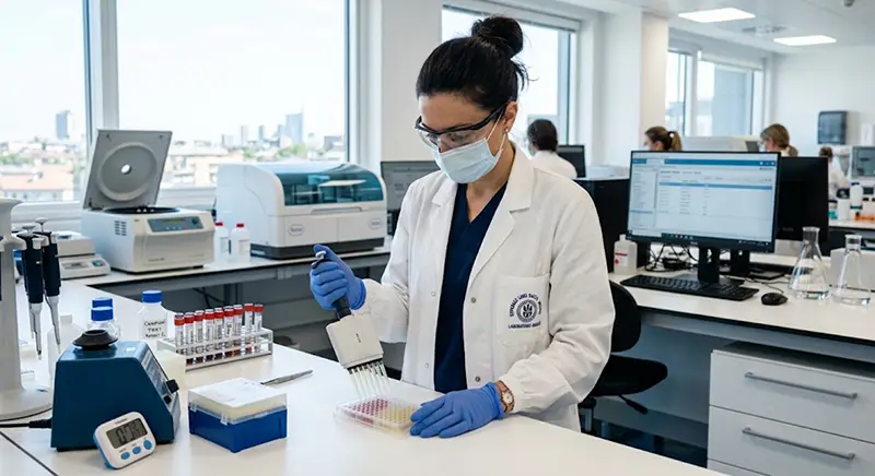 Biologa in laboratorio mentre analizza campioni per diagnosticare cause di fallimento FIVET.