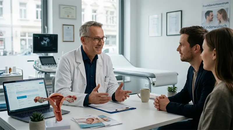 Junge Ärtzin im Gespräch mit einem Paar über altruistische Leihmutterschaft in ihrer Praxis