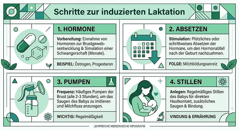 Infografik, die die vier medizinischen Schritte zur induzierten Laktation auf Deutsch erklärt: Hormone, Absetzen, Pumpen und Stillen