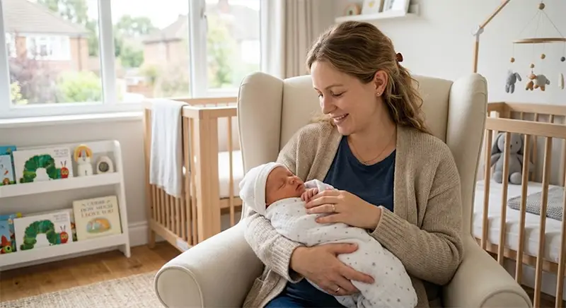 Eine Wunschmutter stillt ihr Baby liebevoll in einem modernen Kinderzimmer mithilfe eines Brusternährungssets (SNS)