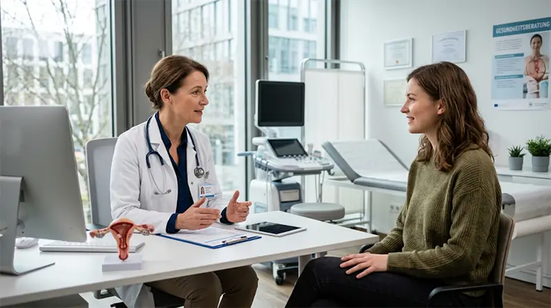 Ein Arzt führt eine umfassende medizinische Untersuchung mit einer angehenden Leihmutter in einer modernen Klinik durch.