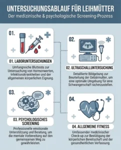 Infografik, die die vier Hauptschritte der medizinischen Untersuchung für Leihmütter detailliert darstellt.