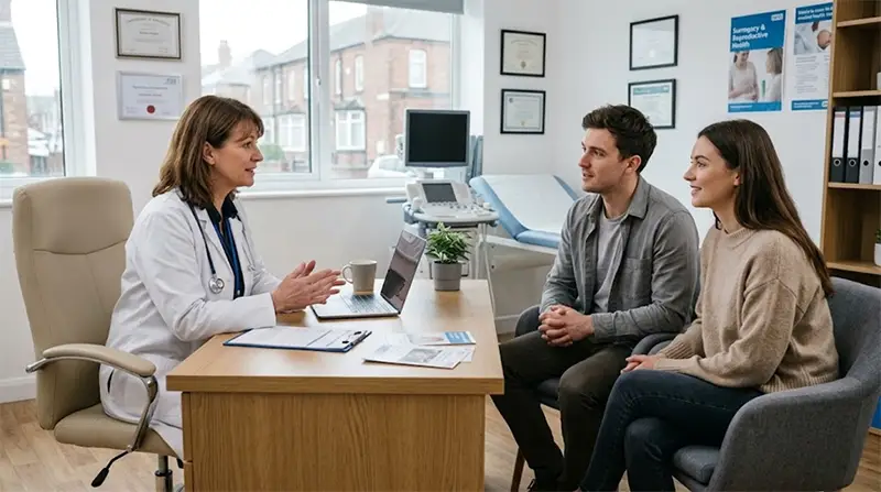 Young couple talking with a medical specialist about altruistic surrogacy in her office