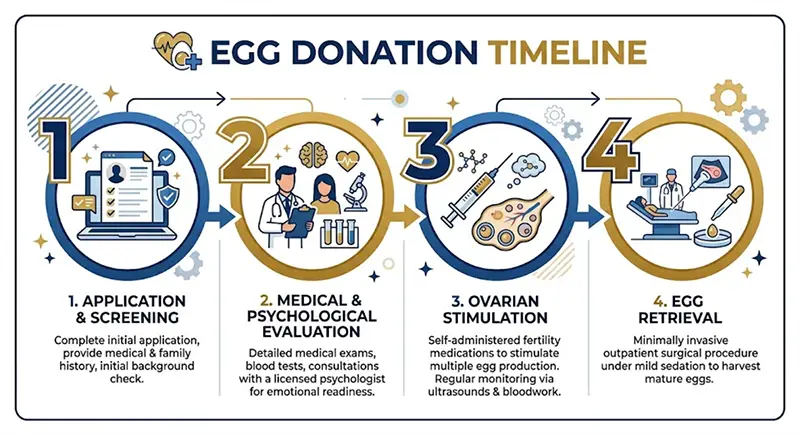 Infographic detailing the egg donation timeline from screening to retrieval for surrogacy arrangements