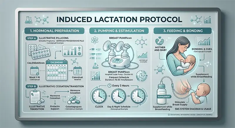 Educational infographic detailing the three stages of the induced lactation protocol: hormonal preparation, pumping schedule, and feeding with an SNS