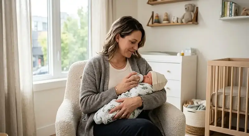 An intended mother lovingly feeding her newborn baby in a cozy nursery using a Supplemental Nursing System to promote bonding