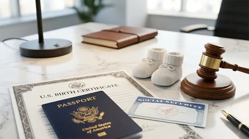 US Birth certificate and legal documents for civil registry registration after surrogacy.