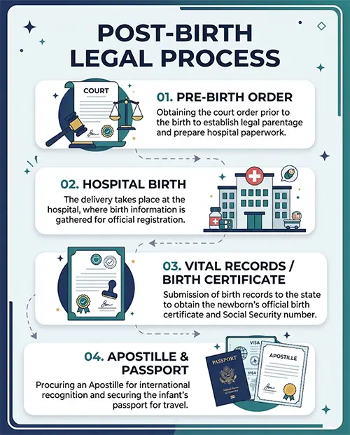 Legal flowchart detailing the steps to obtain a birth certificate and passport for a surrogacy baby.