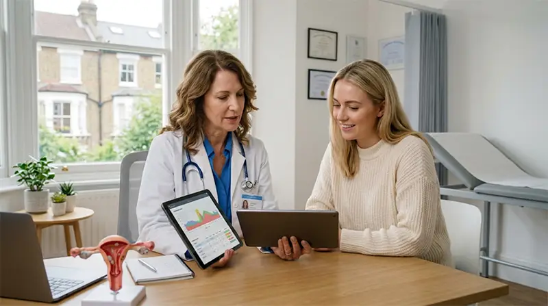 Fertility specialist conducting a thorough medical exam consultation with a prospective surrogate mother.