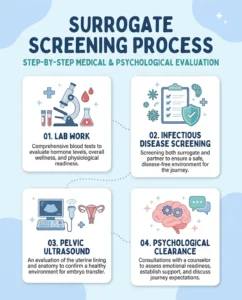 Step-by-step infographic showing the surrogate medical exam and screening requirements.