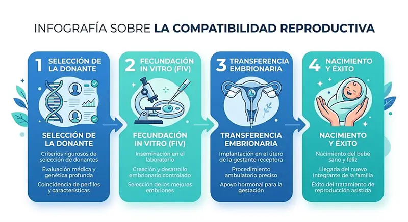 Infografía educativa que explica los 4 pasos de la donación de óvulos y su compatibilidad clínica con la gestación subrogada