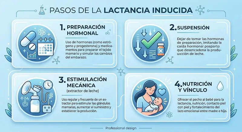 Infografía educativa que muestra los 4 pasos principales de la lactancia inducida: preparación hormonal, suspensión, estimulación mecánica y nutrición con vínculo.