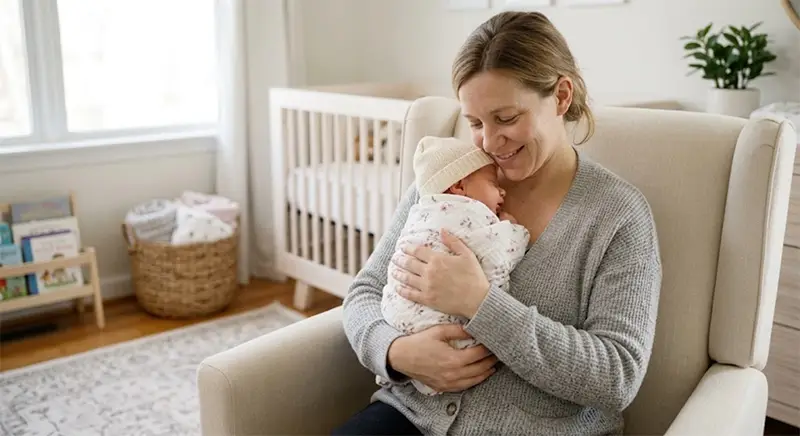 Madre intencional alimentando a su bebé recién nacido mediante un sistema de nutrición suplementaria en un entorno cálido y hogareño.