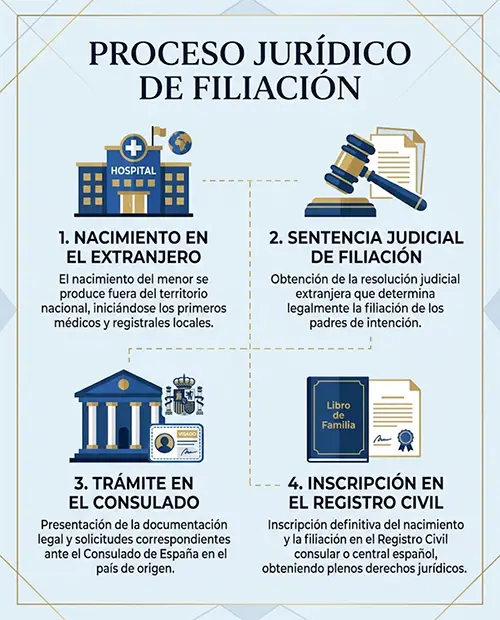 Infografía educativa con los pasos para la inscripción en registro civil de un menor nacido por gestación subrogada.