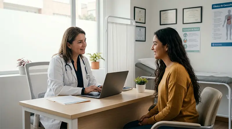 Médica especialista explicando los resultados del examen médico a una candidata a gestante en una clínica moderna