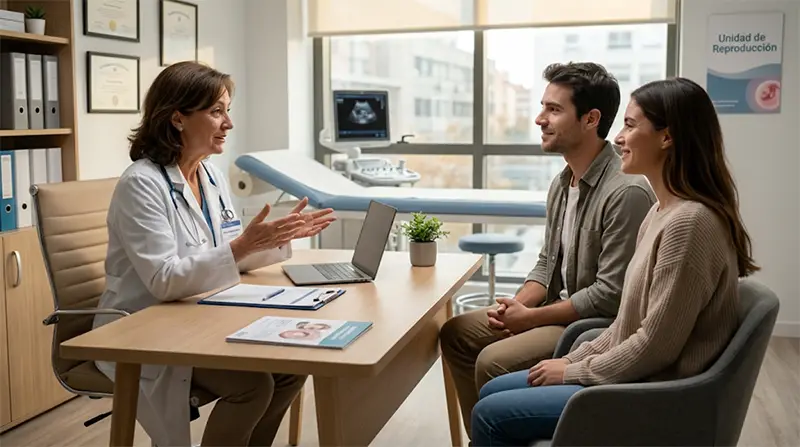 Jeune couple en train de parler avec un médecin spécialiste de la gestation pour autrui altruiste dans son cabinet