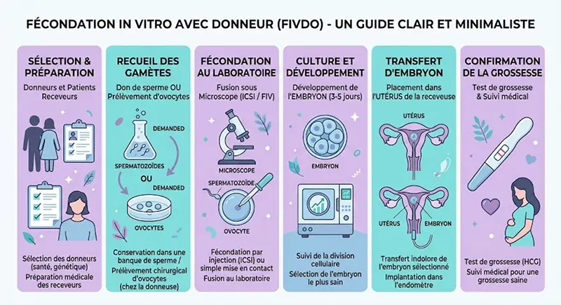 Schéma explicatif de la Fécondation In Vitro combinant un don d'ovocytes et une mère porteuse