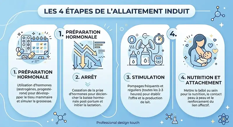 Infographie éducative illustrant les 4 étapes de l'allaitement induit : la préparation hormonale, l'arrêt des hormones, la stimulation mécanique et la nutrition