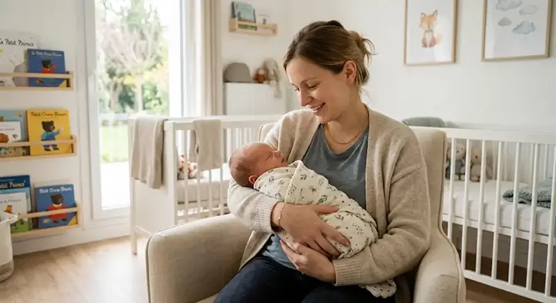 Mère d'intention nourrissant tendrement son nouveau-né à l'aide d'un dispositif d'allaitement supplémentaire dans une chambre lumineuse.