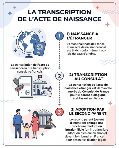 Schéma explicatif de la transcription et de l'adoption pour les bébés GPA en France.