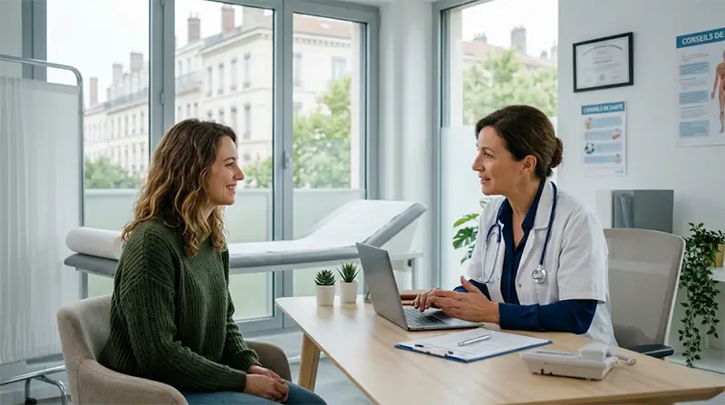 Un médecin expliquant les étapes des examens médicaux à une candidate à la gestation pour autrui.