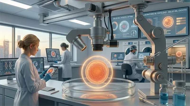 Dottoressa in laboratorio di embriologia durante un processo di donazione di ovuli per la maternità surrogata