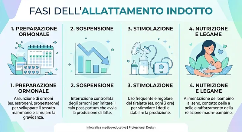 Infografica educativa in italiano che illustra le 4 fasi dell'allattamento indotto: preparazione ormonale, sospensione, stimolazione meccanica e nutrizione