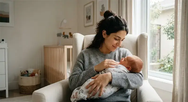 Madre intenzionale che allatta amorevolmente il suo neonato con un Sistema di Nutrizione Supplementare in una cameretta luminosa