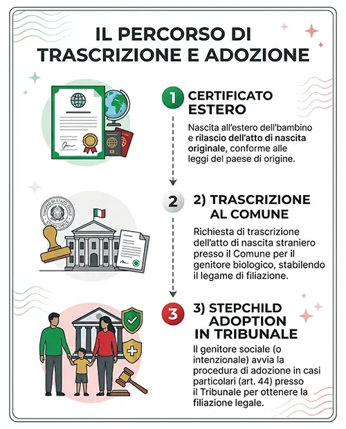 Iter legale per la trascrizione dell'atto di nascita e stepchild adoption in Italia.