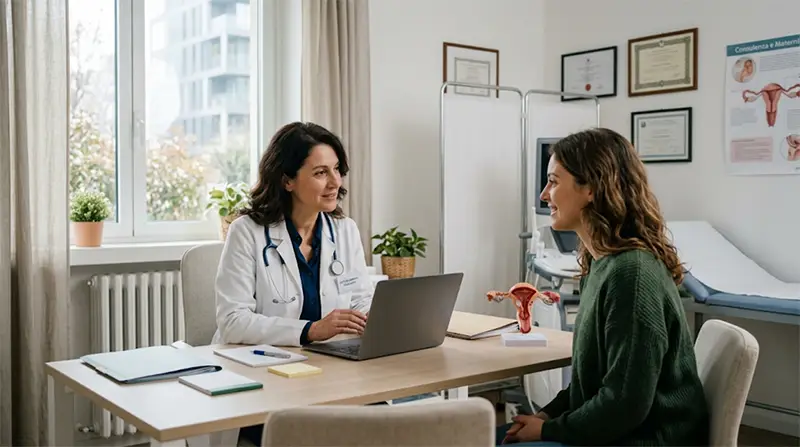 Medico specialista illustra i risultati dell'esame medico a una potenziale madre surrogata