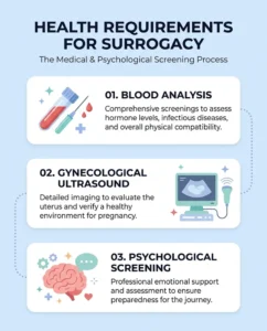 Infografica educativa che mostra i passaggi fondamentali dell'esame medico per le madri surrogate.